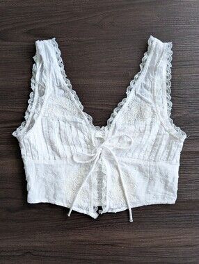 Zara White w/ Cream Contrast Embroidered 100% Cotton Boho Cottage Prairie Top S